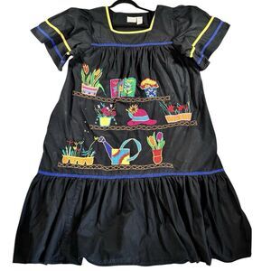 GO SOFTLY Housecoat Patio Dress Black Muumuu Embroidered Ruffle Hem